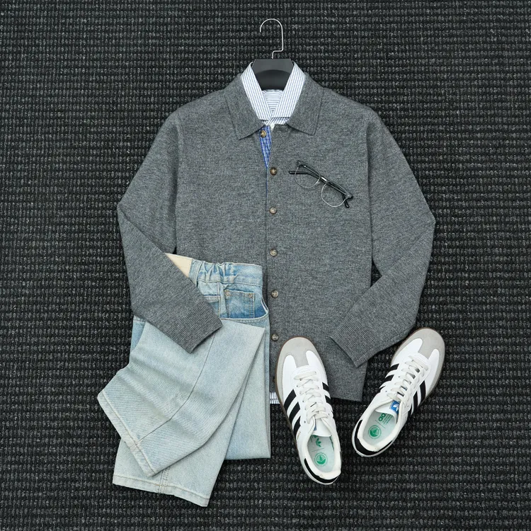 Mrperfect秋冬季拼接休闲毛线衣男士翻领针织毛衣男羊毛开衫外套