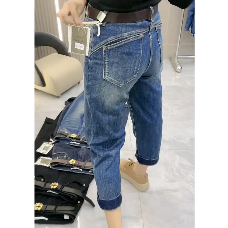 蓝色弹力烟管牛仔裤女秋季大码胖mm高腰显瘦小个子九分直筒法棍裤