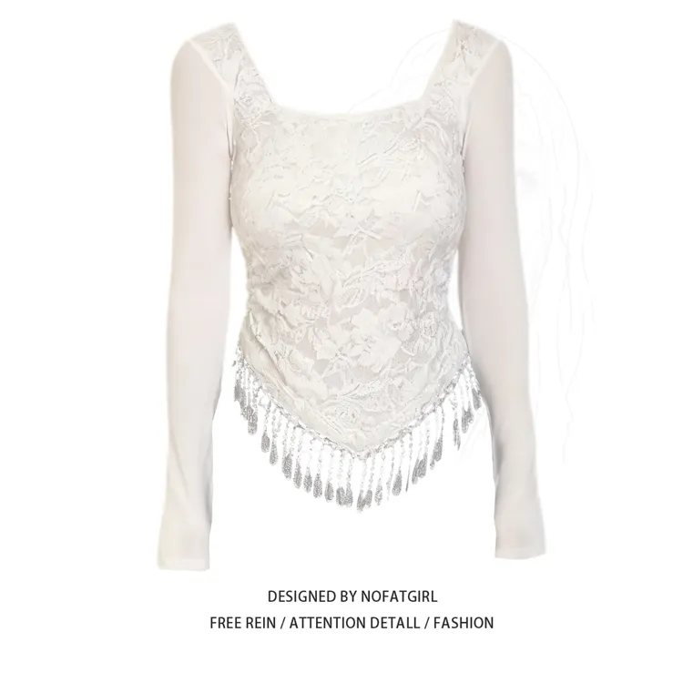 大码胖mm独特漂亮蕾丝拼接长袖上衣秋季新款设计感小众流苏打底衫