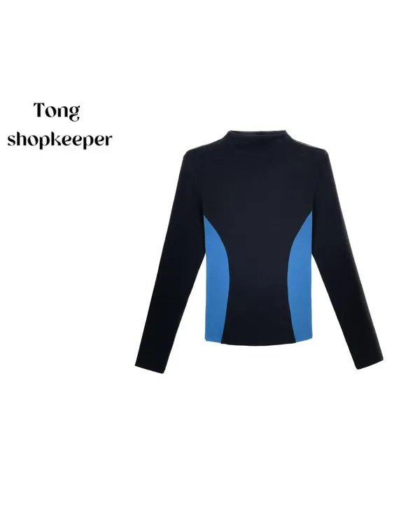 QJ/彤掌柜1682766 秋冬25绵羊毛小弯刀拼色视觉显瘦厚实保暖上衣