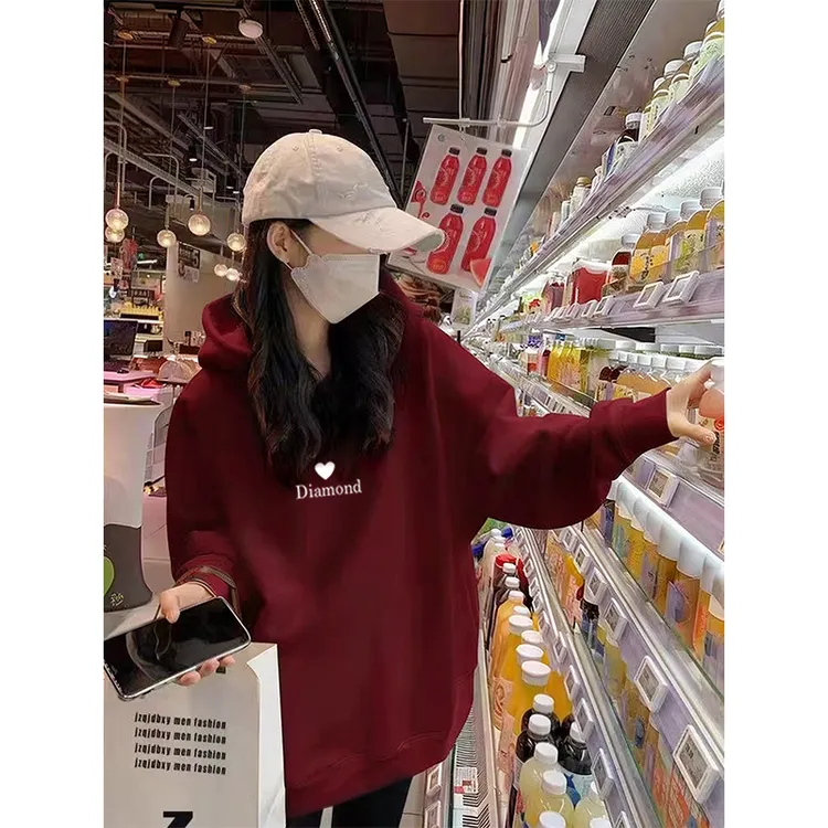 酒红色加绒加厚连帽卫衣女2026新年衣服韩系时尚保暖长袖上衣外套