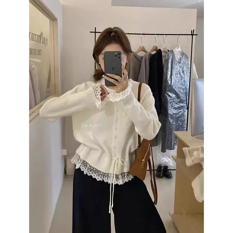 大码女装冬蕾丝假两件毛衣外套女秋季加厚收腰假两件加厚毛衣7311