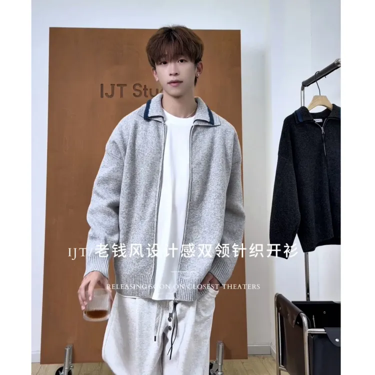 JT studio秋冬新品休闲风绵羊毛设计款双领拉链针织开衫E37855