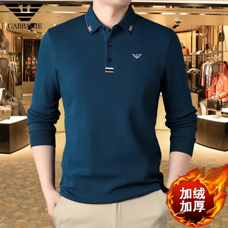 专柜正品男士100%纯棉长袖T恤冬季新款加绒加厚保暖打底POLO衫男