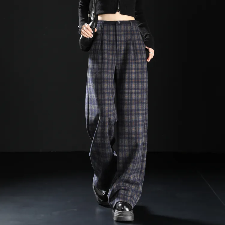 毛呢裤格子裤女秋冬季新款休闲裤2025版型好看裤蓝色阔腿裤直筒裤