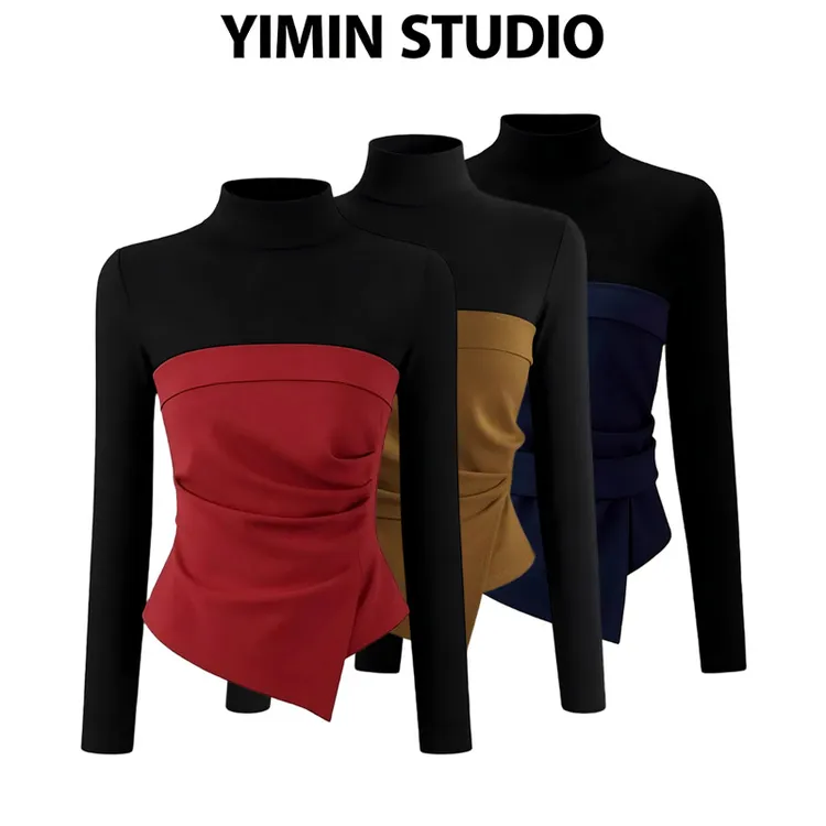 蓝色拼接上衣2025冬季爆款独特漂亮气质名媛高级感收腰长袖打底衫