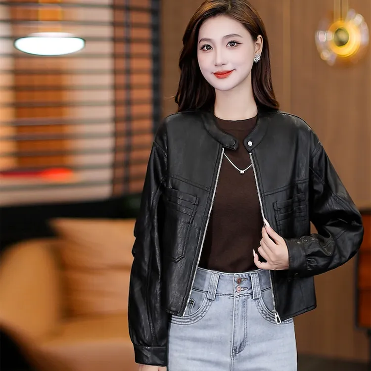 短款PU皮女立领机车韩版秋季宽松长袖水洗皮衣女士时尚秋冬百搭