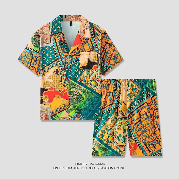 爆款休闲冰丝清凉夏季男士睡衣短袖出门可外穿家居服-25165泰式