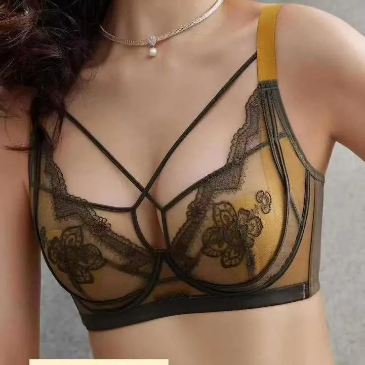 新款双层纱自然通透舒适聚拢大胸显小内衣轻薄水晶杯文胸2509