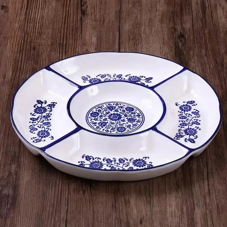 水果盘陶瓷创意圆形拼盘子干果小吃分格盘青花瓷五格盘糖果调料盘