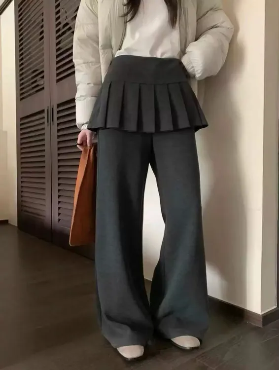 时髦假两件百褶屁帘加绒显瘦微喇裤女冬季高腰显腿长百搭休闲裤