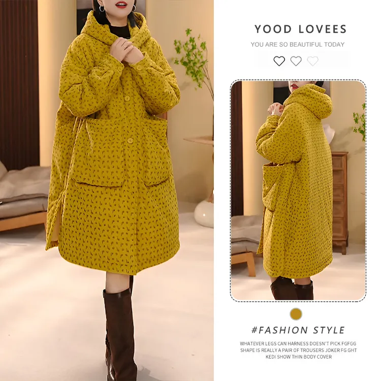 2025秋冬新款韩系时尚显瘦减龄印花长袖棉衣设计感单排扣连帽棉服