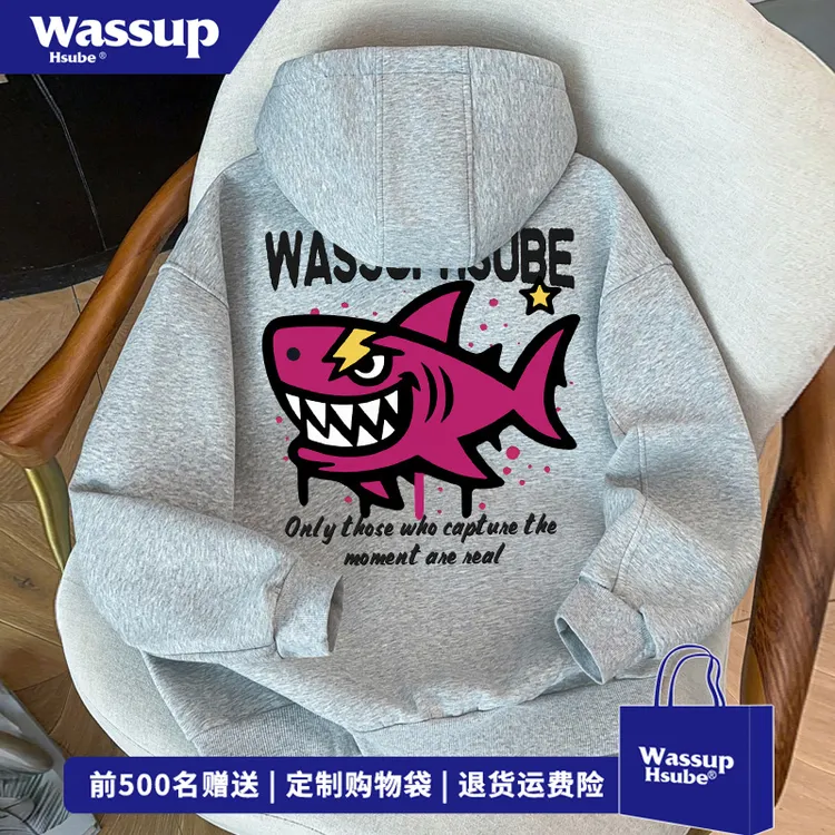 WASSUP HSUBE美式潮酷鲨鱼印花连帽开衫卫衣男女秋冬休闲高领外套