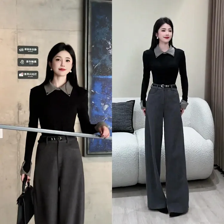 2025秋冬新款韩系智高风翻领拼接加绒打底衫毛呢阔腿裤两件套装女