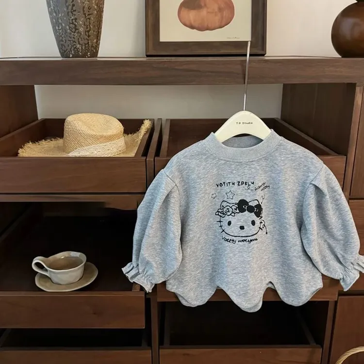 【大小时光】搭配天菜！女宝宝甜美灰色卡通不规则卫衣打底裤套装