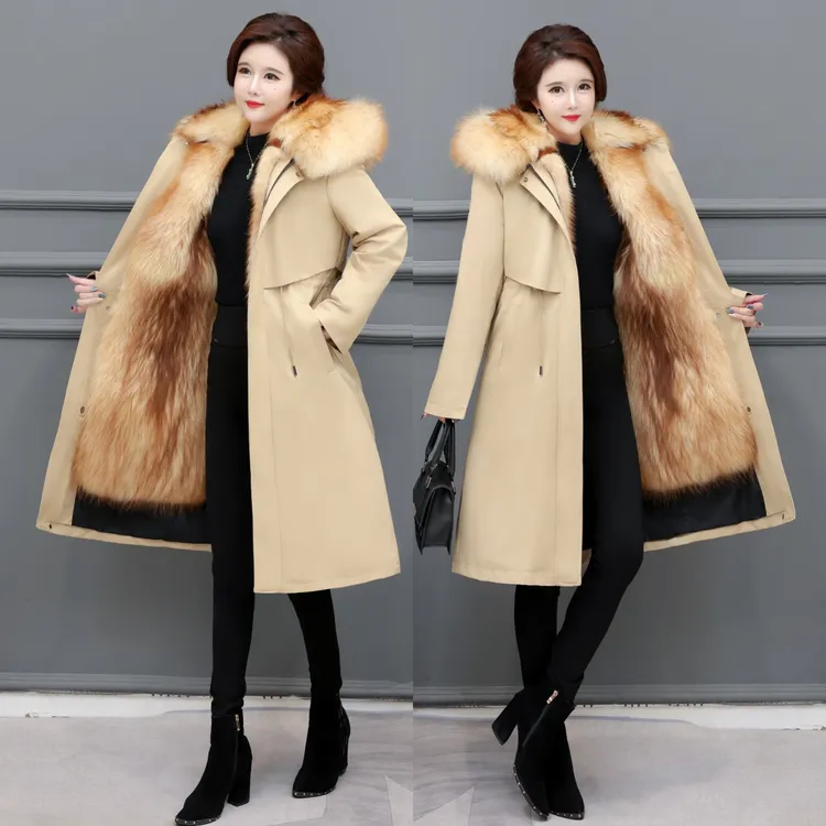 海宁派克服纯色长款女士派克服连帽棉服仿狐狸毛内胆免烫冬季加绒