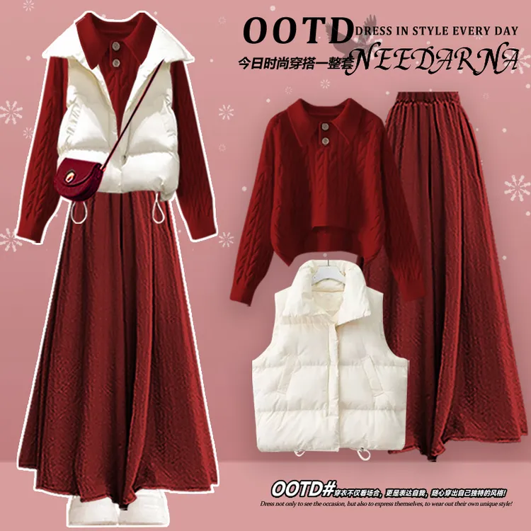 冬季套装女2025新款大码棉服马甲配红色毛衣阔腿裙裤圣诞风三件套