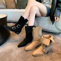 【诺一家加宽加肥大码女鞋】复古绒面大筒围瘦瘦靴女粗跟西部牛仔靴