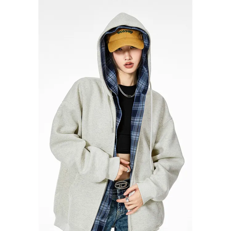 ICH MODE美式复古慵懒风格纹开衫卫衣2025春季连帽宽松外套上衣女