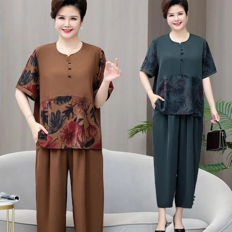 范哲萨特体大码200斤胖短袖套装女洋气中老年时尚雪纺两件套妈妈