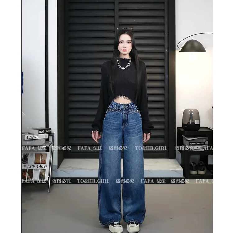 【TO&HR.GIRL】TOE9011D-宽松显瘦直筒时髦阔腿牛仔裤简约长裤