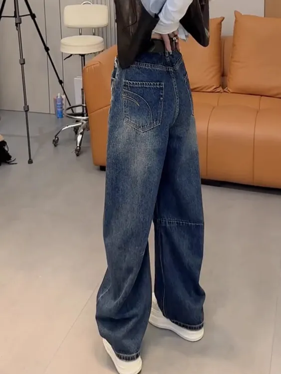 梨型身材裤子大码高腰宽松阔腿牛仔裤女秋季新款胖妹妹显瘦弯刀裤