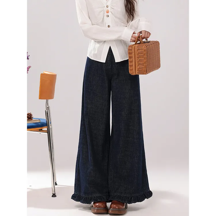 大码冬季木耳边加绒高腰直筒牛仔裤女梨形身材遮胯显瘦百搭九分裤