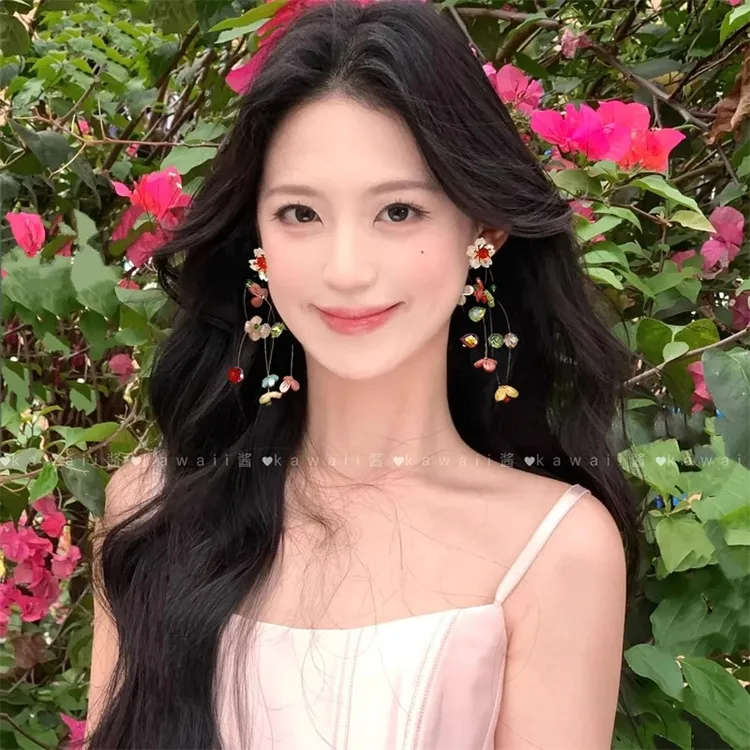 合金树脂耳饰 多巴胺彩色流苏花朵耳钉度假风气质耳环耳饰耳坠