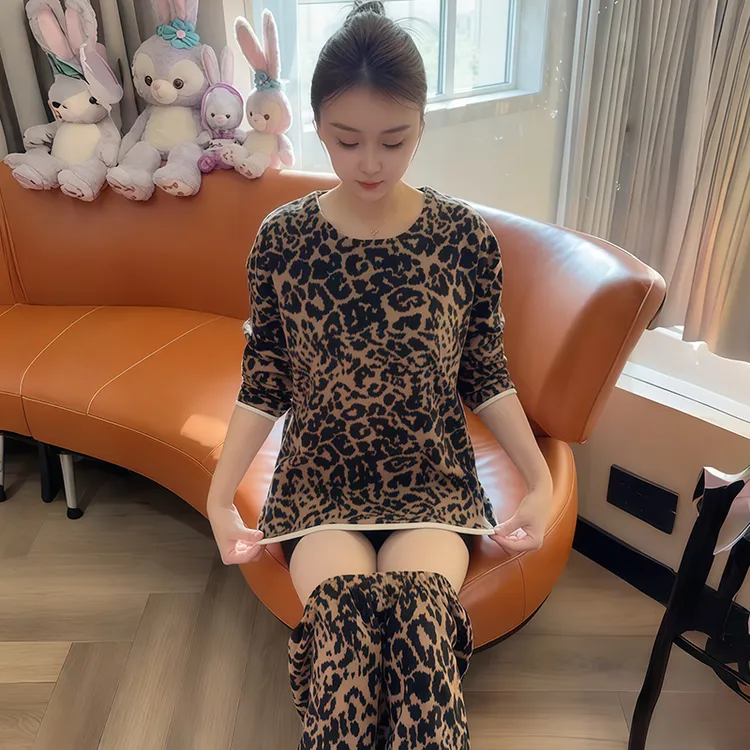 秋冬新款奥粒绒保暖睡衣女时尚豹纹长袖长裤舒适家居服套装可外穿