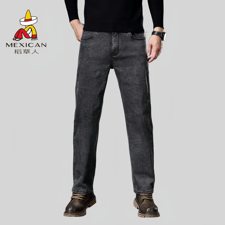 Mexican/稻草人厚款刺绣秋冬牛仔裤男士加绒时尚直筒水洗春秋纽扣