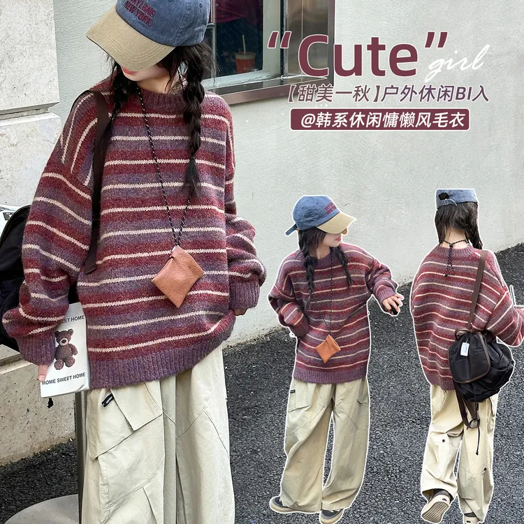女童秋冬装新款红条纹毛衣中大童儿童韩版少女洋气百搭保暖针织衫