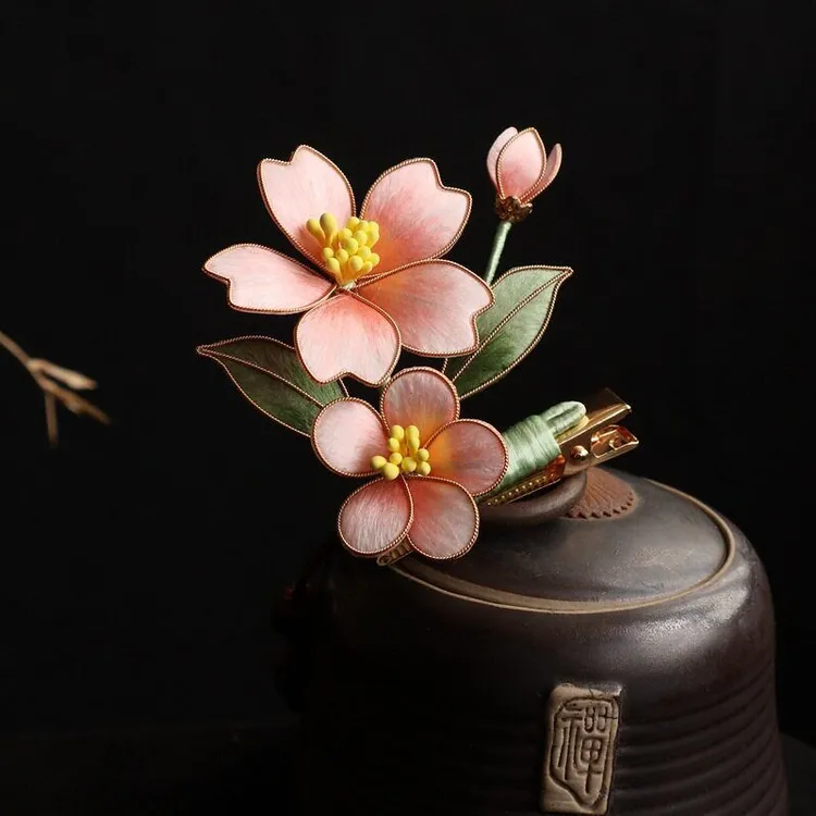 粉色绒花手工掐丝发夹旗袍汉服头饰小清新花朵日常百搭儿童发夹