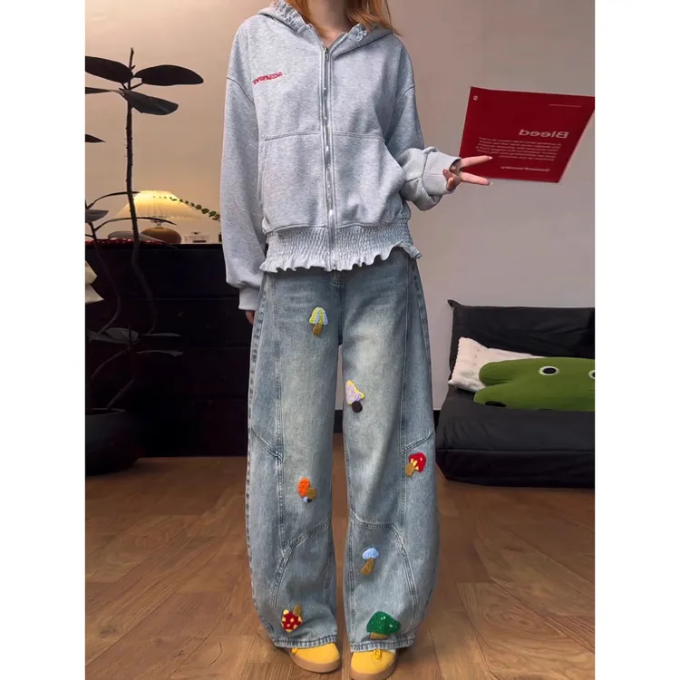 卡通毛巾绣弯刀牛仔裤男女款hiphop西海岸美式裤子直筒宽松阔腿裤