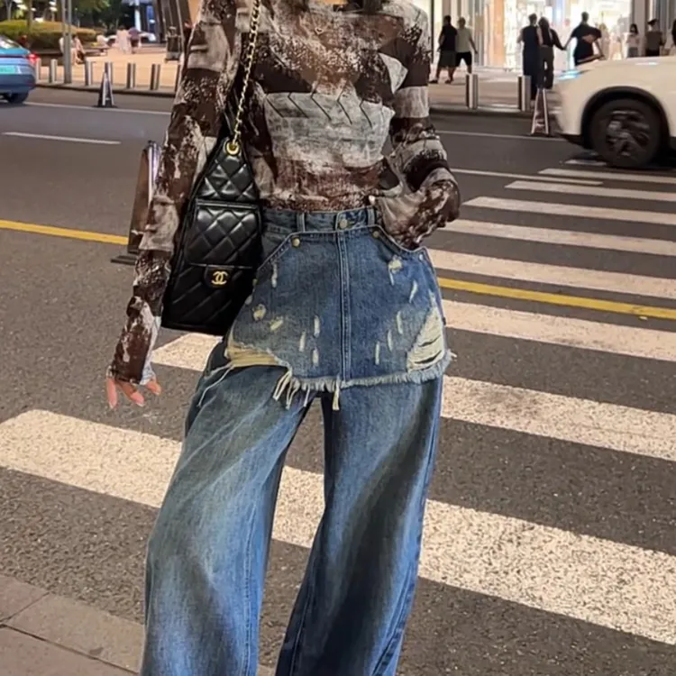 破洞牛仔裤女2025年秋季新款裤子爆款小个子蓝色宽松假两件阔腿裤