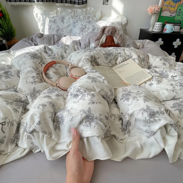 新款韩版花边古法水洗云感棉四件套法式荷叶花边床单床笠亲肤柔软