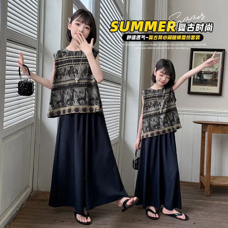 女童套装夏季无袖洋气2025新款大童波西米亚女孩阔腿裤清凉薄款潮