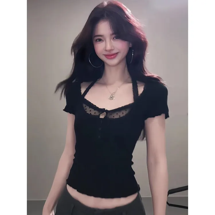 美式挂脖蕾丝拼接假两件女夏新款纯欲甜辣妹短款T恤修身低领上衣