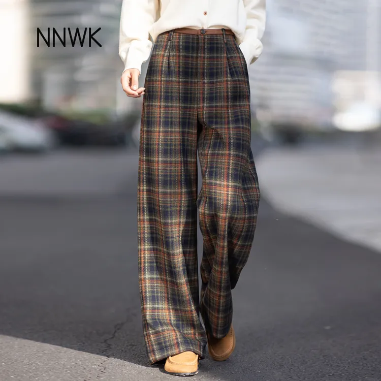 秋冬加厚毛呢裤女加绒阔腿裤休闲裤2025新款裤子复古格子裤直筒裤