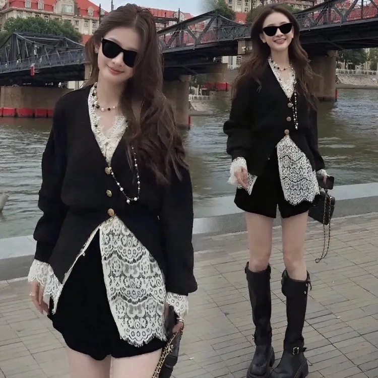 韩系蕾丝小衫新款开衫针织衫套装女秋冬ootd穿搭一整套叠穿两件套