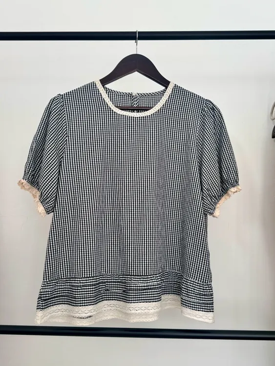 清仓日系花边圆领套头短袖格子衬衫女慵懒显瘦百搭洋气上衣夏季潮