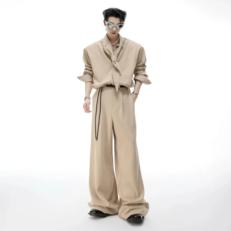 飘带领巾设计垫肩衬衫套装男秋季cleanfit美式坑纹冰感优雅阔腿裤