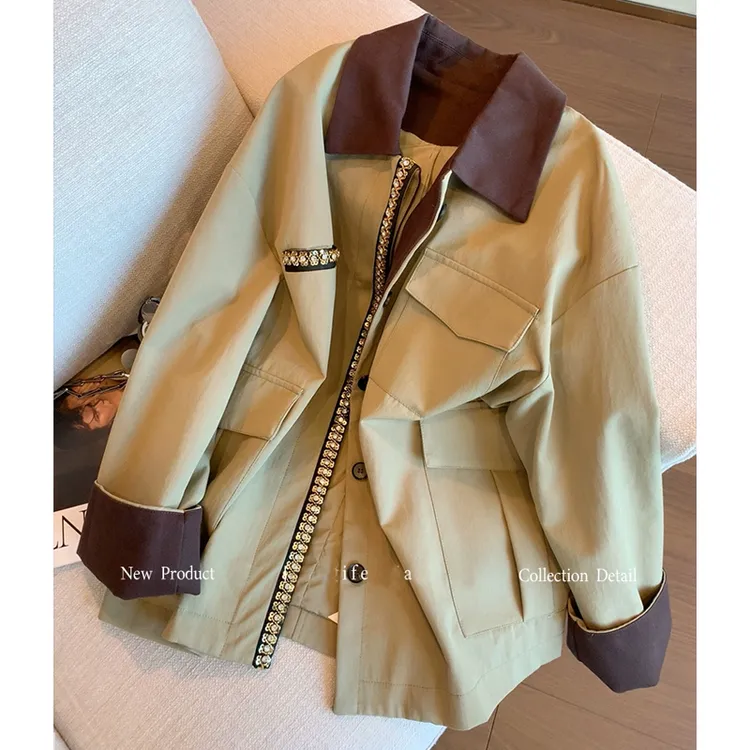 撞色钉钻中长款风衣女2025秋冬季新款高级感宽松休闲夹克外套