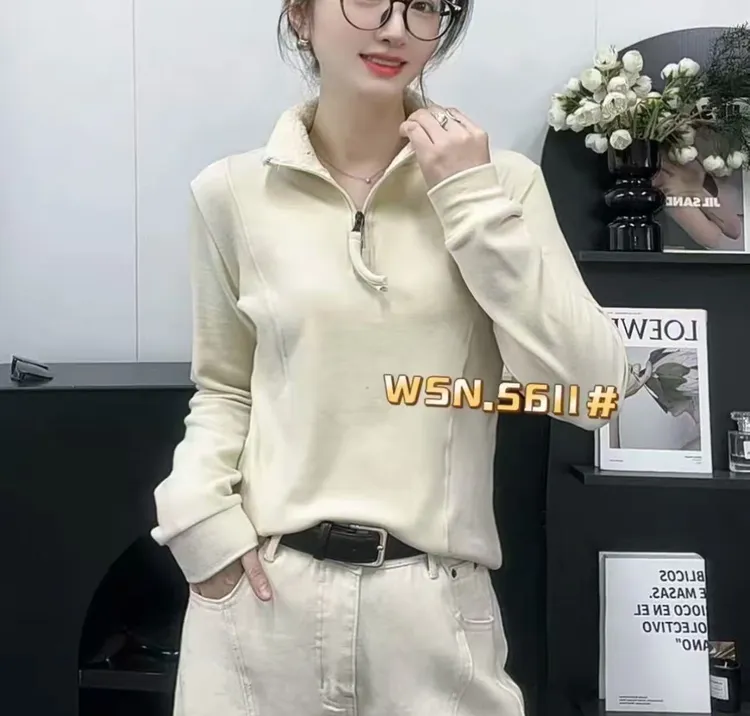 立领拉链双面绒纯色染色拼接T恤女士时尚打底衫百搭