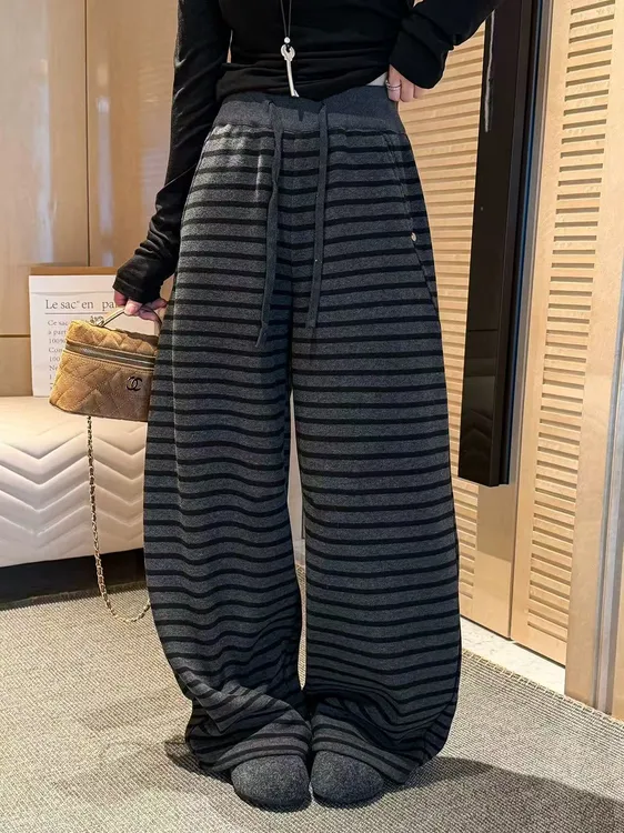 加绒糯米撞色条纹冬季休闲百搭高腰显瘦抽绳直筒阔腿弯刀裤MU2012