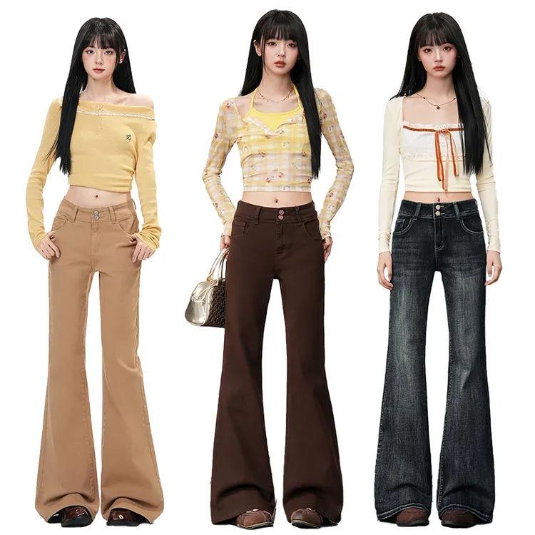 美式复古微喇叭裤双扣弹力高腰显瘦牛仔裤女长裤加长