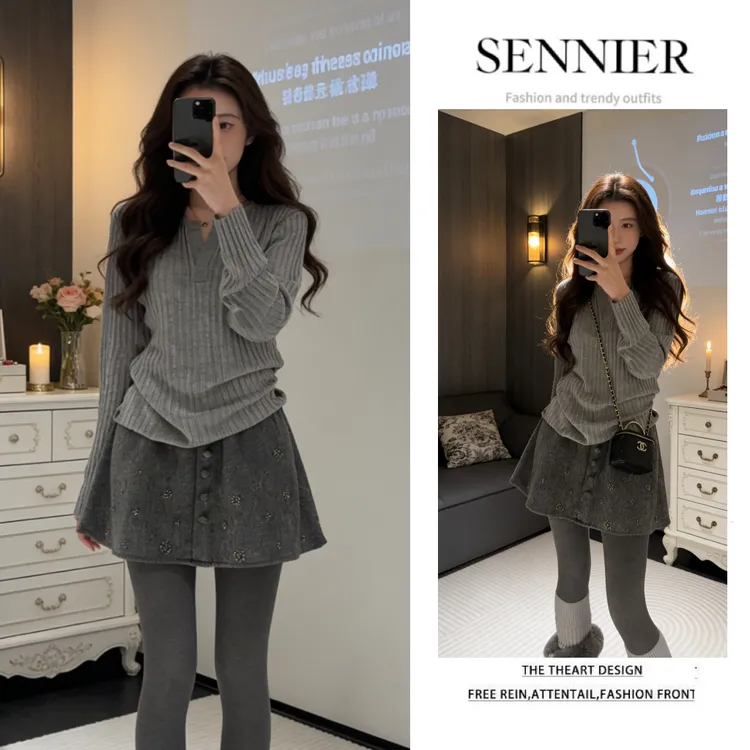 韩系穿搭女2026早春新款韩版时尚洋气长袖针织衫百搭短裙两件套装