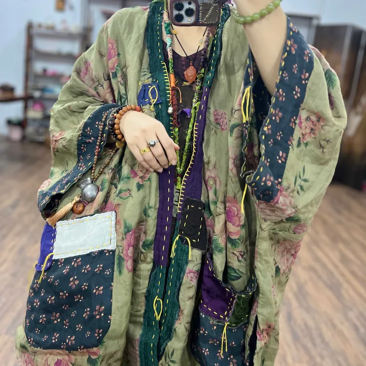 SX新中式苎麻手工贴布刺绣拼接V领两面穿汉服秋季新个性酷飒道袍