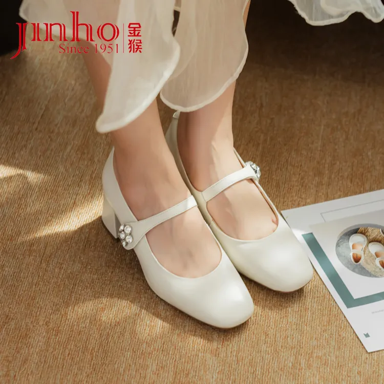 Jinho/金猴复古方头鞋樱桃甜心法式玛丽珍鞋粗跟浅口鞋女Q59161A