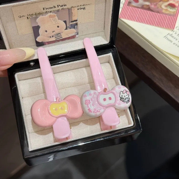 可爱粉色苹果kt猫蝴蝶结发夹ins风无痕发夹多巴胺高颜值发夹发饰