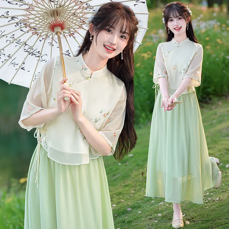 新中式国风连衣裙少女夏装2025新款初中高中学生民族风立领套装裙